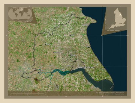 Foto de East Riding of Yorkshire, autoridad unitaria de Inglaterra Gran Bretaña. Mapa satelital de alta resolución. Ubicaciones y nombres de las principales ciudades de la región. Mapas de ubicación auxiliares de esquina - Imagen libre de derechos