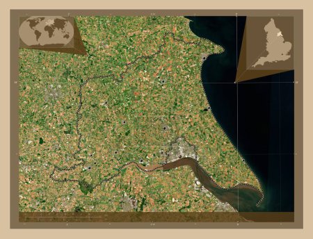 Foto de East Riding of Yorkshire, autoridad unitaria de Inglaterra Gran Bretaña. Mapa satelital de baja resolución. Ubicaciones de las principales ciudades de la región. Mapas de ubicación auxiliares de esquina - Imagen libre de derechos