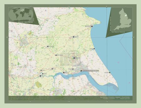 Foto de East Riding of Yorkshire, autoridad unitaria de Inglaterra Gran Bretaña. Open Street Map. Ubicaciones y nombres de las principales ciudades de la región. Mapas de ubicación auxiliares de esquina - Imagen libre de derechos