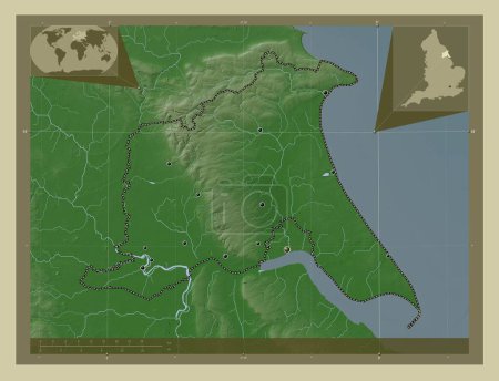 Foto de East Riding of Yorkshire, autoridad unitaria de Inglaterra Gran Bretaña. Mapa de elevación coloreado en estilo wiki con lagos y ríos. Ubicaciones de las principales ciudades de la región. Mapas de ubicación auxiliares de esquina - Imagen libre de derechos