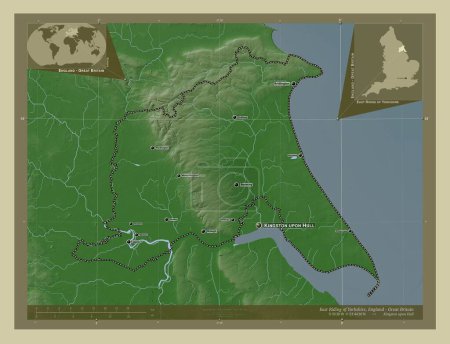 Foto de East Riding of Yorkshire, autoridad unitaria de Inglaterra Gran Bretaña. Mapa de elevación coloreado en estilo wiki con lagos y ríos. Ubicaciones y nombres de las principales ciudades de la región. Mapas de ubicación auxiliares de esquina - Imagen libre de derechos