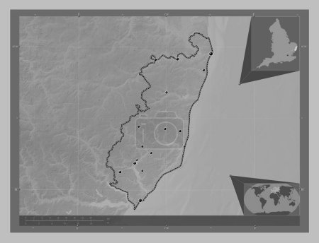 Photo for East Suffolk, non metropolitan district of England - Great Britain. Grayscale elevation map with lakes and rivers. Locations of major cities of the region. Corner auxiliary location maps - Royalty Free Image