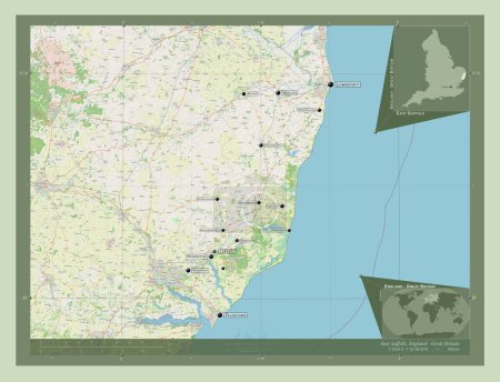 Photo for East Suffolk, non metropolitan district of England - Great Britain. Open Street Map. Locations and names of major cities of the region. Corner auxiliary location maps - Royalty Free Image