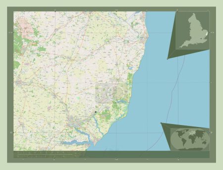 Foto de East Suffolk, distrito no metropolitano de Inglaterra Gran Bretaña. Open Street Map. Mapas de ubicación auxiliares de esquina - Imagen libre de derechos