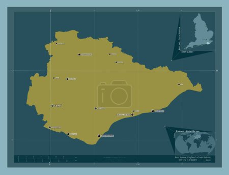 Foto de East Sussex, condado administrativo de Inglaterra - Gran Bretaña. Forma de color sólido. Ubicaciones y nombres de las principales ciudades de la región. Mapas de ubicación auxiliares de esquina - Imagen libre de derechos