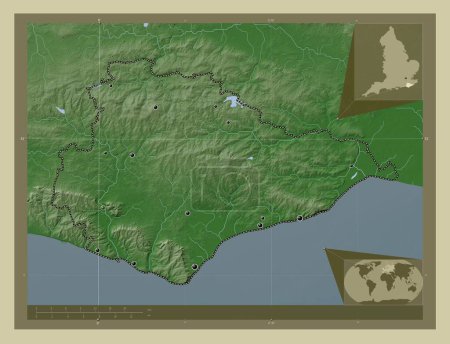Foto de East Sussex, condado administrativo de Inglaterra - Gran Bretaña. Mapa de elevación coloreado en estilo wiki con lagos y ríos. Ubicaciones de las principales ciudades de la región. Mapas de ubicación auxiliares de esquina - Imagen libre de derechos