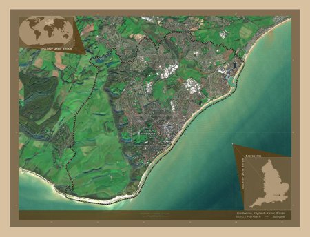 Photo for Eastbourne, non metropolitan district of England - Great Britain. Low resolution satellite map. Locations and names of major cities of the region. Corner auxiliary location maps - Royalty Free Image