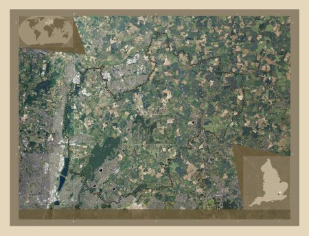 Foto de Epping Forest, distrito no metropolitano de Inglaterra - Gran Bretaña. Mapa satelital de alta resolución. Ubicaciones de las principales ciudades de la región. Mapas de ubicación auxiliares de esquina - Imagen libre de derechos