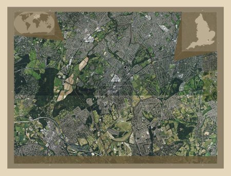 Foto de Epsom y Ewell, distrito no metropolitano de Inglaterra - Gran Bretaña. Mapa satelital de alta resolución. Ubicaciones de las principales ciudades de la región. Mapas de ubicación auxiliares de esquina - Imagen libre de derechos