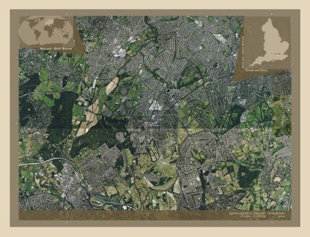 Foto de Epsom y Ewell, distrito no metropolitano de Inglaterra - Gran Bretaña. Mapa satelital de alta resolución. Ubicaciones y nombres de las principales ciudades de la región. Mapas de ubicación auxiliares de esquina - Imagen libre de derechos