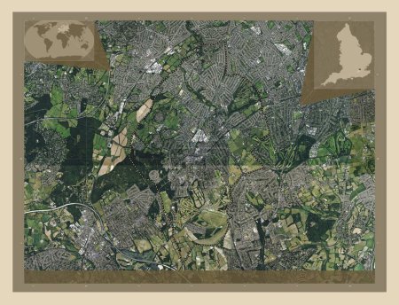 Foto de Epsom y Ewell, distrito no metropolitano de Inglaterra - Gran Bretaña. Mapa satelital de alta resolución. Mapas de ubicación auxiliares de esquina - Imagen libre de derechos