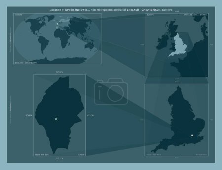 Foto de Epsom y Ewell, distrito no metropolitano de Inglaterra - Gran Bretaña. Diagrama que muestra la ubicación de la región en mapas a gran escala. Composición de marcos vectoriales y formas PNG sobre un fondo sólido - Imagen libre de derechos