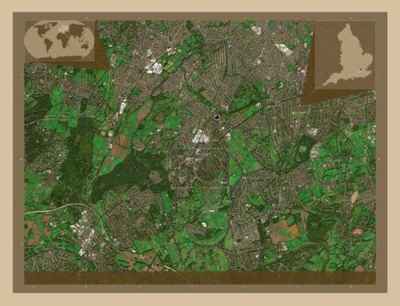 Foto de Epsom y Ewell, distrito no metropolitano de Inglaterra - Gran Bretaña. Mapa satelital de baja resolución. Ubicaciones de las principales ciudades de la región. Mapas de ubicación auxiliares de esquina - Imagen libre de derechos