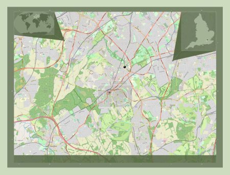 Foto de Epsom y Ewell, distrito no metropolitano de Inglaterra - Gran Bretaña. Open Street Map. Ubicaciones de las principales ciudades de la región. Mapas de ubicación auxiliares de esquina - Imagen libre de derechos
