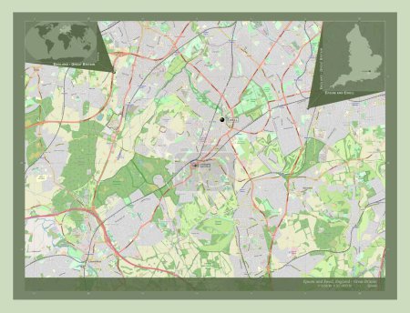 Foto de Epsom y Ewell, distrito no metropolitano de Inglaterra - Gran Bretaña. Open Street Map. Ubicaciones y nombres de las principales ciudades de la región. Mapas de ubicación auxiliares de esquina - Imagen libre de derechos