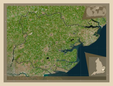 Foto de Essex, condado administrativo de Inglaterra - Gran Bretaña. Mapa satelital de alta resolución. Ubicaciones de las principales ciudades de la región. Mapas de ubicación auxiliares de esquina - Imagen libre de derechos