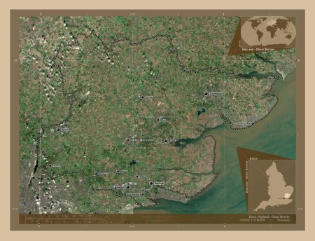 Téléchargez les photos : Essex, comté administratif d'Angleterre - Grande-Bretagne. Carte satellite basse résolution. Emplacements et noms des grandes villes de la région. Corner cartes de localisation auxiliaires - en image libre de droit