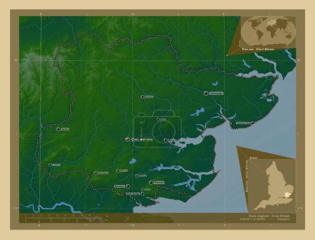 Foto de Essex, condado administrativo de Inglaterra - Gran Bretaña. Mapa de elevación de colores con lagos y ríos. Ubicaciones y nombres de las principales ciudades de la región. Mapas de ubicación auxiliares de esquina - Imagen libre de derechos