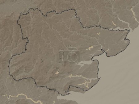 Téléchargez les photos : Essex, comté administratif d'Angleterre - Grande-Bretagne. Carte d'altitude colorée dans des tons sépia avec des lacs et des rivières - en image libre de droit