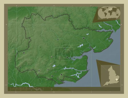 Téléchargez les photos : Essex, comté administratif d'Angleterre - Grande-Bretagne. Carte d'altitude colorée dans le style wiki avec des lacs et des rivières. Emplacements des grandes villes de la région. Corner cartes de localisation auxiliaires - en image libre de droit