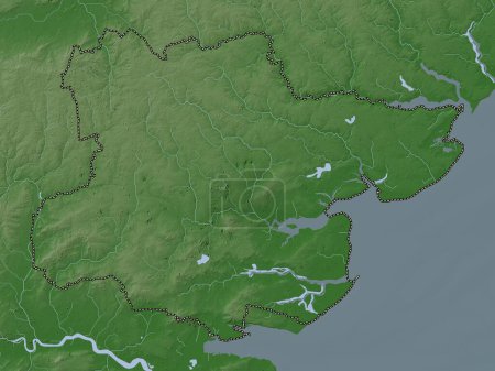 Téléchargez les photos : Essex, comté administratif d'Angleterre - Grande-Bretagne. Carte d'altitude colorée dans le style wiki avec des lacs et des rivières - en image libre de droit