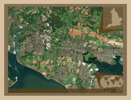Photo for Fareham, non metropolitan district of England - Great Britain. Low resolution satellite map. Locations of major cities of the region. Corner auxiliary location maps - Royalty Free Image