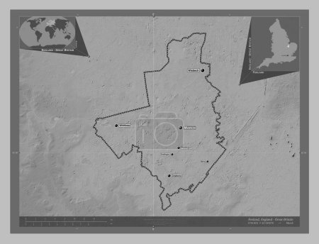 Photo for Fenland, non metropolitan district of England - Great Britain. Grayscale elevation map with lakes and rivers. Locations and names of major cities of the region. Corner auxiliary location maps - Royalty Free Image