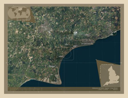 Photo for Folkestone and Hythe, non metropolitan district of England - Great Britain. High resolution satellite map. Locations and names of major cities of the region. Corner auxiliary location maps - Royalty Free Image