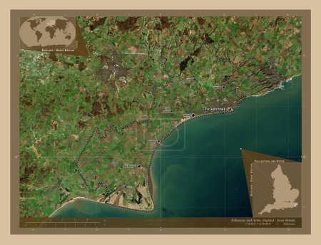 Photo for Folkestone and Hythe, non metropolitan district of England - Great Britain. Low resolution satellite map. Locations and names of major cities of the region. Corner auxiliary location maps - Royalty Free Image