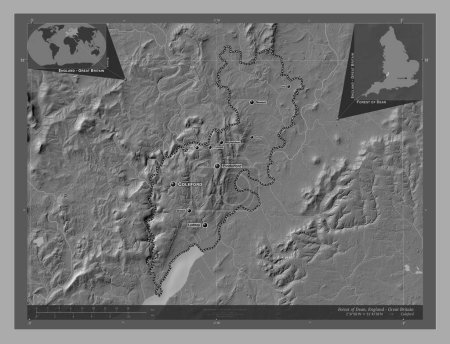 Photo for Forest of Dean, non metropolitan district of England - Great Britain. Bilevel elevation map with lakes and rivers. Locations and names of major cities of the region. Corner auxiliary location maps - Royalty Free Image
