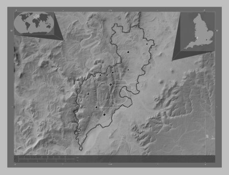 Photo for Forest of Dean, non metropolitan district of England - Great Britain. Grayscale elevation map with lakes and rivers. Locations of major cities of the region. Corner auxiliary location maps - Royalty Free Image