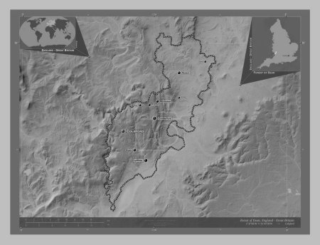 Photo for Forest of Dean, non metropolitan district of England - Great Britain. Grayscale elevation map with lakes and rivers. Locations and names of major cities of the region. Corner auxiliary location maps - Royalty Free Image