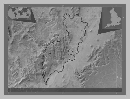 Photo for Forest of Dean, non metropolitan district of England - Great Britain. Grayscale elevation map with lakes and rivers. Corner auxiliary location maps - Royalty Free Image