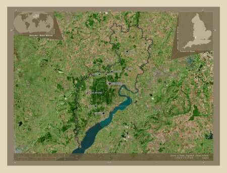 Photo for Forest of Dean, non metropolitan district of England - Great Britain. High resolution satellite map. Locations and names of major cities of the region. Corner auxiliary location maps - Royalty Free Image