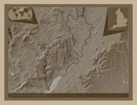 Photo for Forest of Dean, non metropolitan district of England - Great Britain. Elevation map colored in sepia tones with lakes and rivers. Locations of major cities of the region. Corner auxiliary location maps - Royalty Free Image