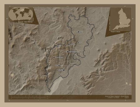 Photo for Forest of Dean, non metropolitan district of England - Great Britain. Elevation map colored in sepia tones with lakes and rivers. Locations and names of major cities of the region. Corner auxiliary location maps - Royalty Free Image