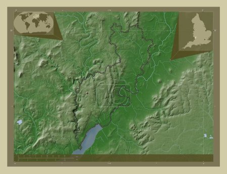 Téléchargez les photos : Forest of Dean, district non métropolitain d'Angleterre - Grande-Bretagne. Carte d'altitude colorée dans le style wiki avec des lacs et des rivières. Corner cartes de localisation auxiliaires - en image libre de droit