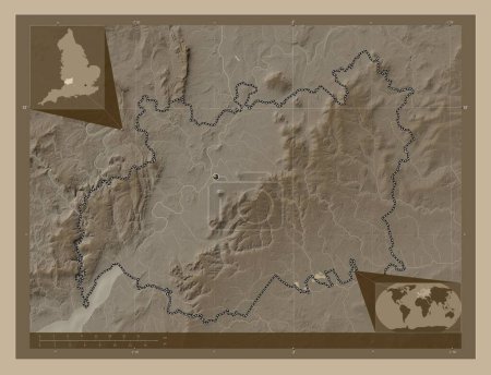 Photo for Gloucestershire, administrative county of England - Great Britain. Elevation map colored in sepia tones with lakes and rivers. Corner auxiliary location maps - Royalty Free Image