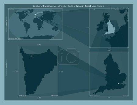 Photo for Gravesham, non metropolitan district of England - Great Britain. Diagram showing the location of the region on larger-scale maps. Composition of vector frames and PNG shapes on a solid background - Royalty Free Image