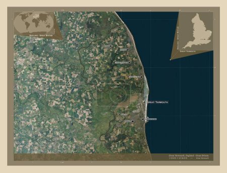 Photo for Great Yarmouth, non metropolitan district of England - Great Britain. High resolution satellite map. Locations and names of major cities of the region. Corner auxiliary location maps - Royalty Free Image