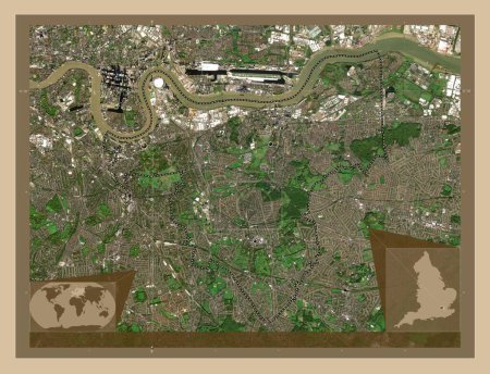 Foto de Royal Borough of Greenwich, Londres, Inglaterra Gran Bretaña. Mapa satelital de baja resolución. Ubicaciones de las principales ciudades de la región. Mapas de ubicación auxiliares de esquina - Imagen libre de derechos
