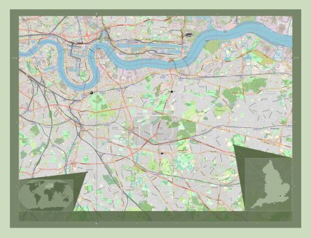 Téléchargez les photos : Royal Borough of Greenwich, Londres borough of England - Grande-Bretagne. Ouvrir la carte routière. Emplacements des grandes villes de la région. Corner cartes de localisation auxiliaires - en image libre de droit