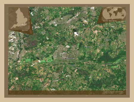 Foto de Guildford, distrito no metropolitano de Inglaterra Gran Bretaña. Mapa satelital de baja resolución. Ubicaciones y nombres de las principales ciudades de la región. Mapas de ubicación auxiliares de esquina - Imagen libre de derechos