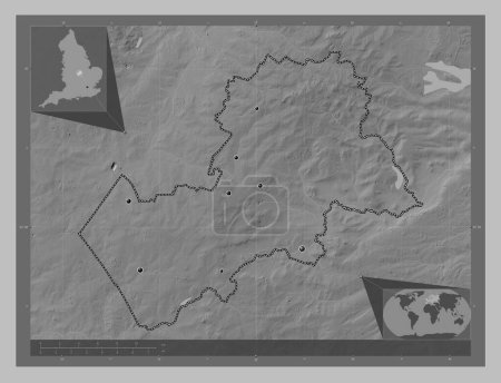 Photo for Harborough, non metropolitan district of England - Great Britain. Grayscale elevation map with lakes and rivers. Locations of major cities of the region. Corner auxiliary location maps - Royalty Free Image