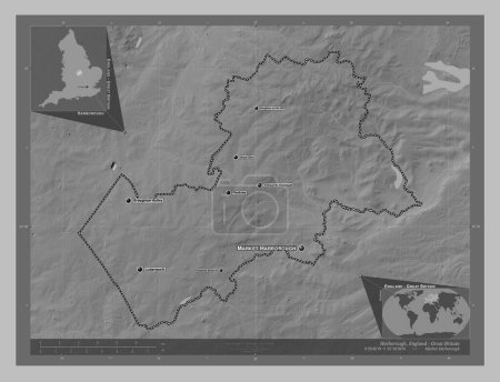 Photo for Harborough, non metropolitan district of England - Great Britain. Grayscale elevation map with lakes and rivers. Locations and names of major cities of the region. Corner auxiliary location maps - Royalty Free Image