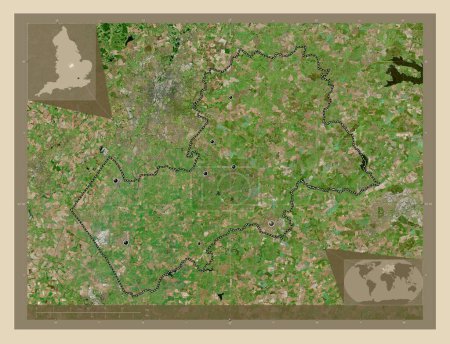 Foto de Harborough, distrito no metropolitano de Inglaterra Gran Bretaña. Mapa satelital de alta resolución. Ubicaciones de las principales ciudades de la región. Mapas de ubicación auxiliares de esquina - Imagen libre de derechos
