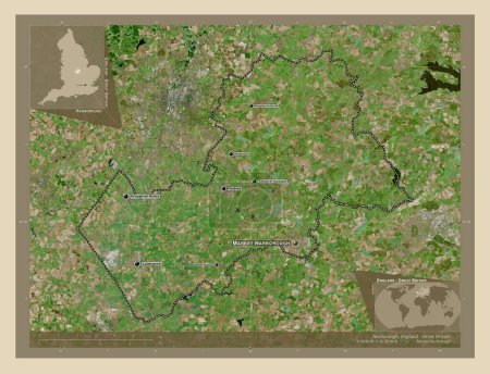 Foto de Harborough, distrito no metropolitano de Inglaterra Gran Bretaña. Mapa satelital de alta resolución. Ubicaciones y nombres de las principales ciudades de la región. Mapas de ubicación auxiliares de esquina - Imagen libre de derechos