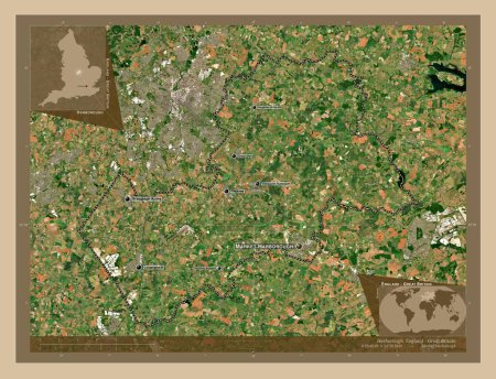 Photo for Harborough, non metropolitan district of England - Great Britain. Low resolution satellite map. Locations and names of major cities of the region. Corner auxiliary location maps - Royalty Free Image