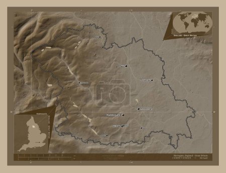 Photo for Harrogate, non metropolitan district of England - Great Britain. Elevation map colored in sepia tones with lakes and rivers. Locations and names of major cities of the region. Corner auxiliary location maps - Royalty Free Image