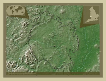 Foto de Herefordshire, autoridad unitaria de Inglaterra Gran Bretaña. Mapa de elevación coloreado en estilo wiki con lagos y ríos. Mapas de ubicación auxiliares de esquina - Imagen libre de derechos